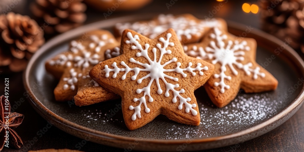 Star-shaped cookies are beautifully decorated and arranged on a rustic plate, ready for sharing Star-shaped cookies are beautifully decorated and arranged on a rustic plate, ready for sharing