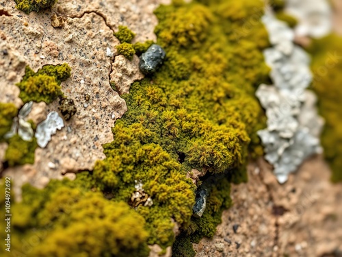 Zoomed-in shot of a slice of sandstone with moss and lichen, natural stone, sandstone,