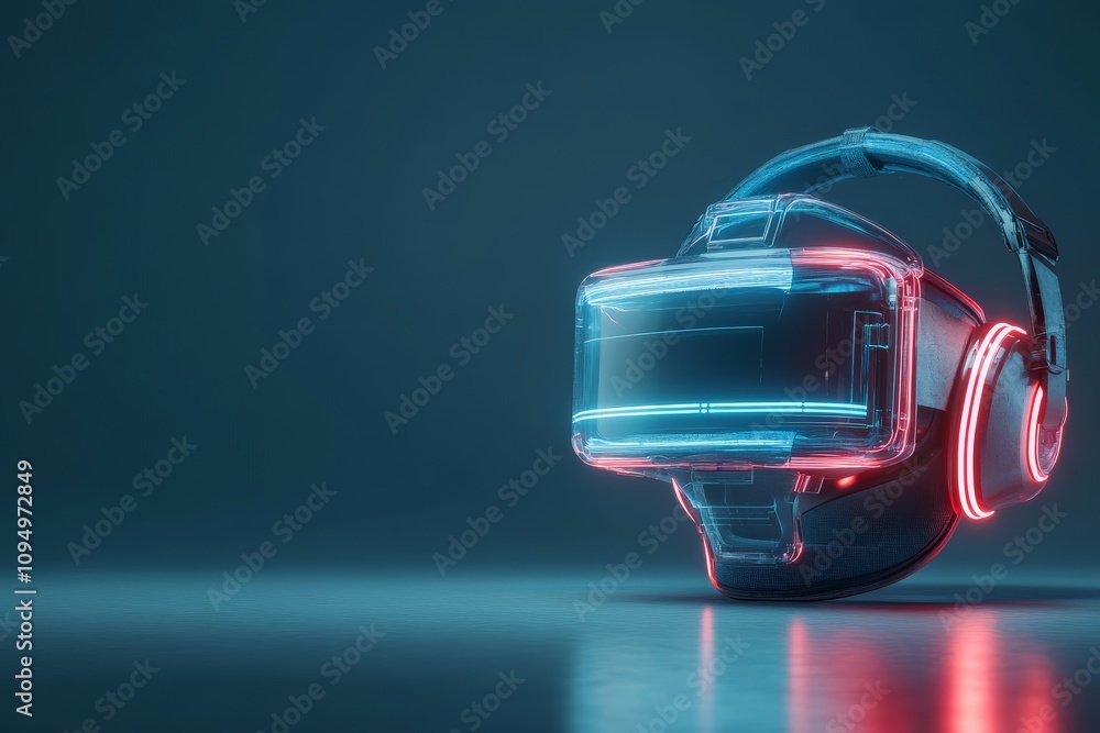 A modern virtual reality headset is illuminated with neon lights, symbolizing digital immersion and entertainment. It highlights technology's role in human experience. A modern virtual reality headset is illuminated with neon lights, symbolizing digital immersion and entertainment. It highlights technology's role in human experience.
