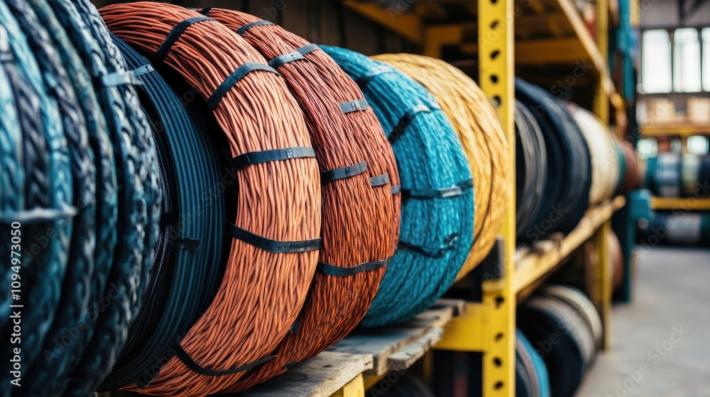 Fototapeta premium Colorful Coiled Wires on Industrial Shelves in a Warehouse, Showcasing Various Materials, Textures, and Vibrant Colors in a Stock Photo for Electrical Supply Use
