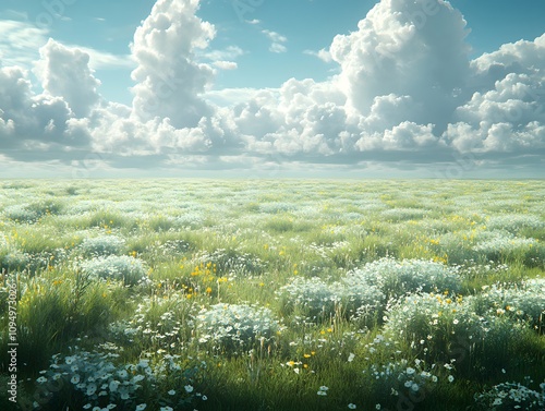 Green fields without people, clear air during the day, clear sky, beautiful white clouds floating around, giving a sense of openness, freshness, suitable for use as a background, with plenty of space. photo