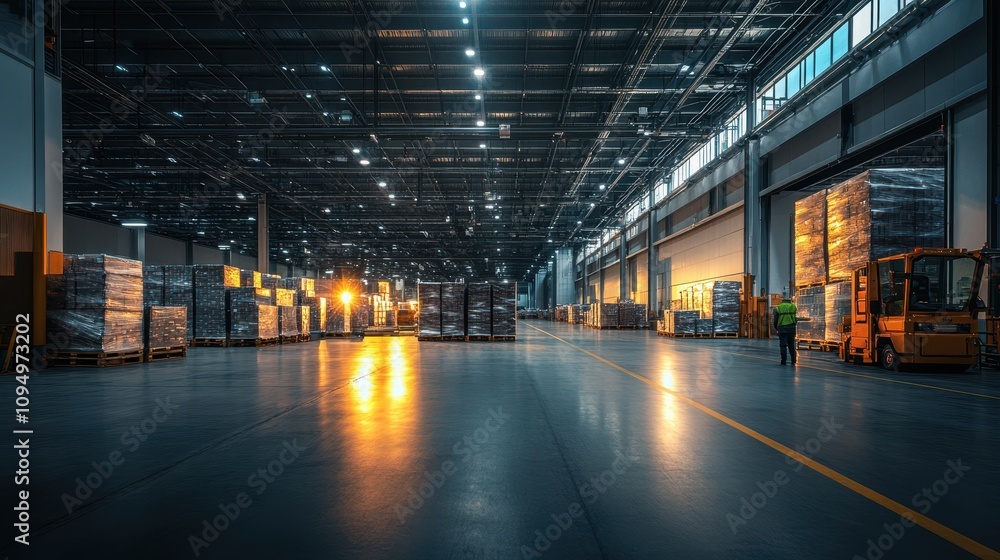 A spacious warehouse filled with stacked pallets and a forklift, illuminated by warm light. A spacious warehouse filled with stacked pallets and a forklift, illuminated by warm light.