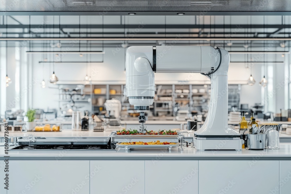 A sleek robotic arm adeptly preparing food within a modern kitchen setting, illustrating the innovation of automated culinary technology in everyday life.