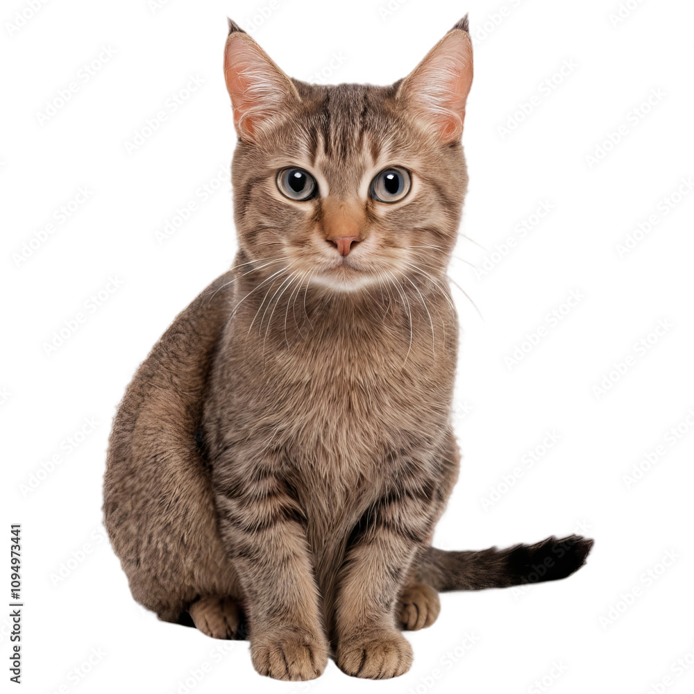 Adorable tabby cat sitting, looking directly at the camera. Soft fur and striking eyes. Adorable tabby cat sitting, looking directly at the camera. Soft fur and striking eyes.