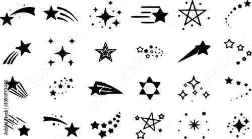 Abstract silhouette of shooting star. Shooting stars icon vector set. Meteorite and comet symbols. Flying comet with tail, falling meteor, abstract galaxy element. Cosmic shine. star vector design.
