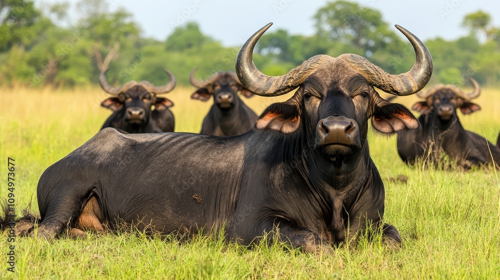 Majestic African Buffalo Resting in a Serene Grassland, Surrounded by a Herd of Companions Under the Bright Sky in a Natural Wildlife Habitat Majestic African Buffalo Resting in a Serene Grassland, Surrounded by a Herd of Companions Under the Bright Sky in a Natural Wildlife Habitat