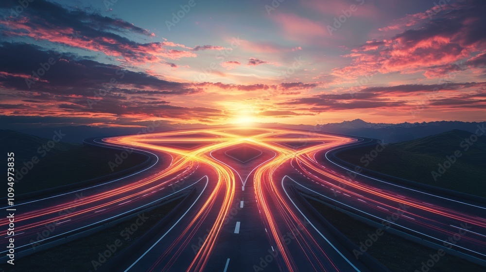Multiple roads or pathways converging into a single point at sunset, creating a sense of unity or decision-making