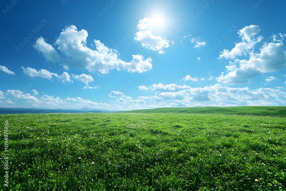 Green fields without people, clear air during the day, clear sky, beautiful white clouds floating around, giving a sense of openness, freshness, suitable for use as a background, with plenty of space. Green fields without people, clear air during the day, clear sky, beautiful white clouds floating around, giving a sense of openness, freshness, suitable for use as a background, with plenty of space.