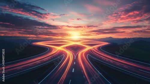 Obraz na płótnie Multiple roads or pathways converging into a single point at sunset, creating a sense of unity or decision-making w salonie
