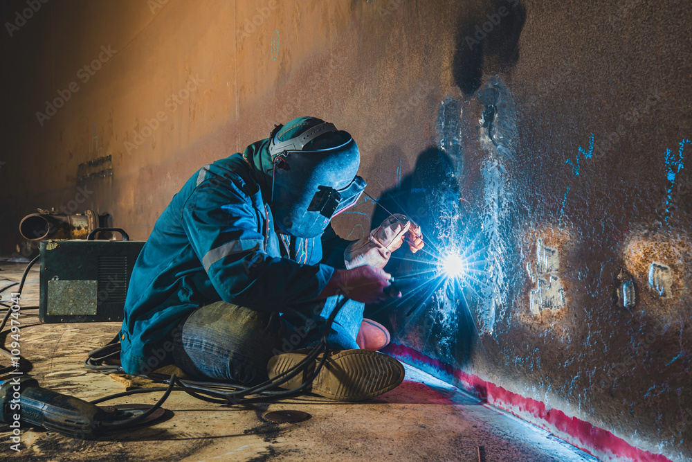 Welders at work in metal argon industry, welding metal plate tank construction close up wear protective gloves and mask in side confined Welders at work in metal argon industry, welding metal plate tank construction close up wear protective gloves and mask in side confined