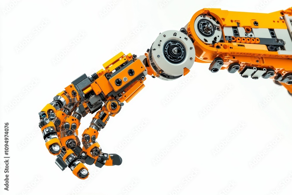 Orange robotic arm, intricate mechanism, detailed design. Orange robotic arm, intricate mechanism, detailed design.