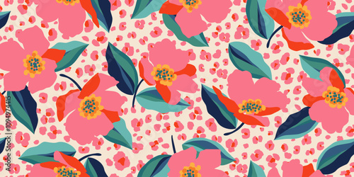Exotic hand drawn flowers print, seamless patterns with floral and leopard for fabric, textiles, clothing, poster, cover, banner, wall art, home decor, abstract backgrounds.