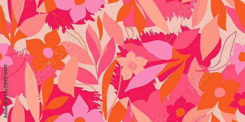 Abstract hand drawn flowers, seamless patterns with floral for fabric, textiles, clothing, poster, cover, banner, wall art, home decor, background. Vector illustration.