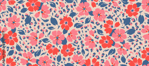 Exotic hand drawn flowers print, seamless patterns with floral and leopard for fabric, textiles, clothing, poster, cover, banner, wall art, home decor, abstract backgrounds.