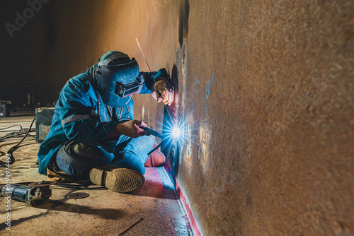 Welders at work in metal argon industry, welding metal plate tank construction close up wear protective gloves and mask in side confined