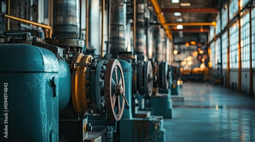 Industrial interior of a manufacturing facility showcasing pumps and machinery with natural light illuminating the space and highlighting the details of the equipment.