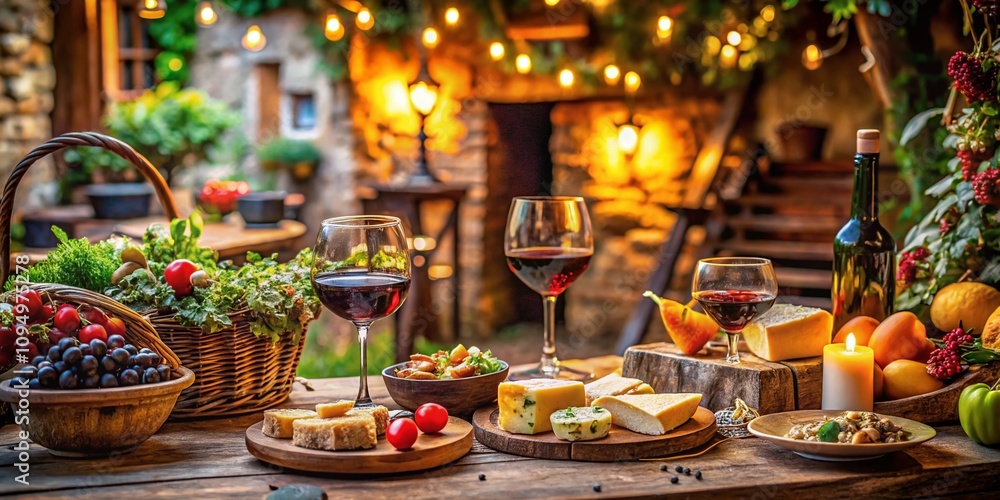 Elegant Wine and Cheese Dining Experience with Traditional European Cuisine Elements for a Cozy Restaurant Setting Elegant Wine and Cheese Dining Experience with Traditional European Cuisine Elements for a Cozy Restaurant Setting