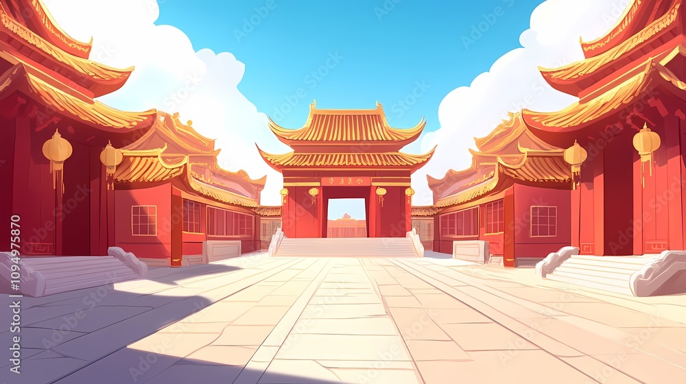 Fototapeta premium traditional chinese red and gold classical architecture illustration poster background