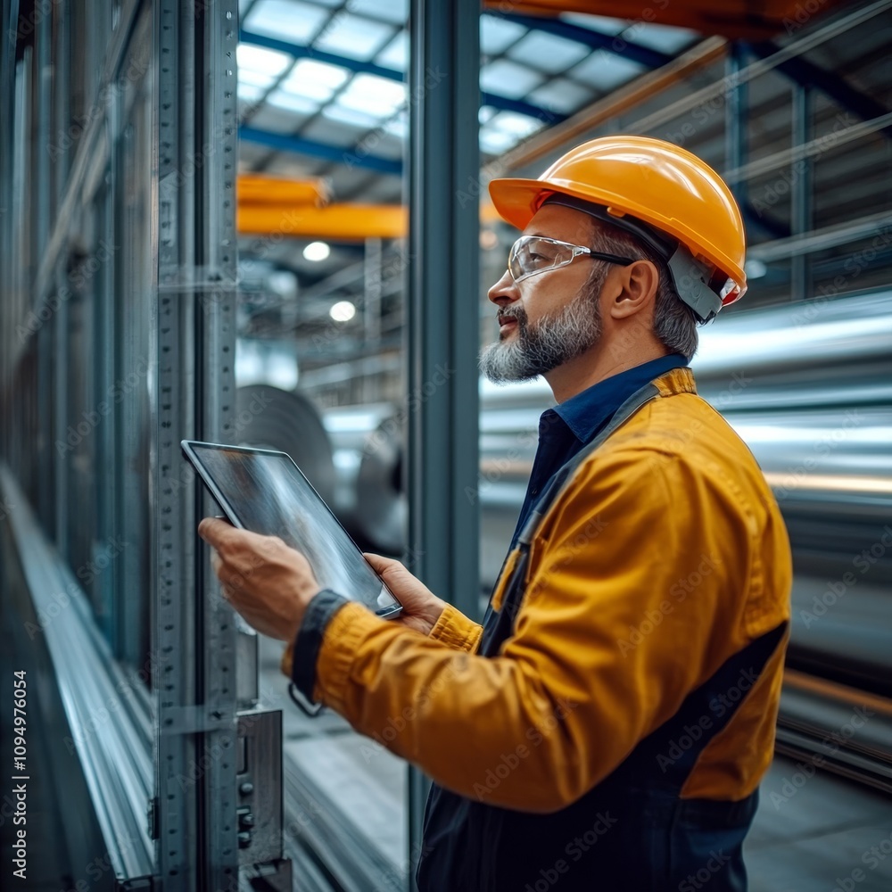Factory Engineer Using Digital Tablet for Inventory and Quality Control of Steel Products Factory Engineer Using Digital Tablet for Inventory and Quality Control of Steel Products