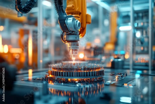 A high-tech robotic arm operates with precision on an industrial assembly line, representing the automation and technological advancement in modern manufacturing. photo