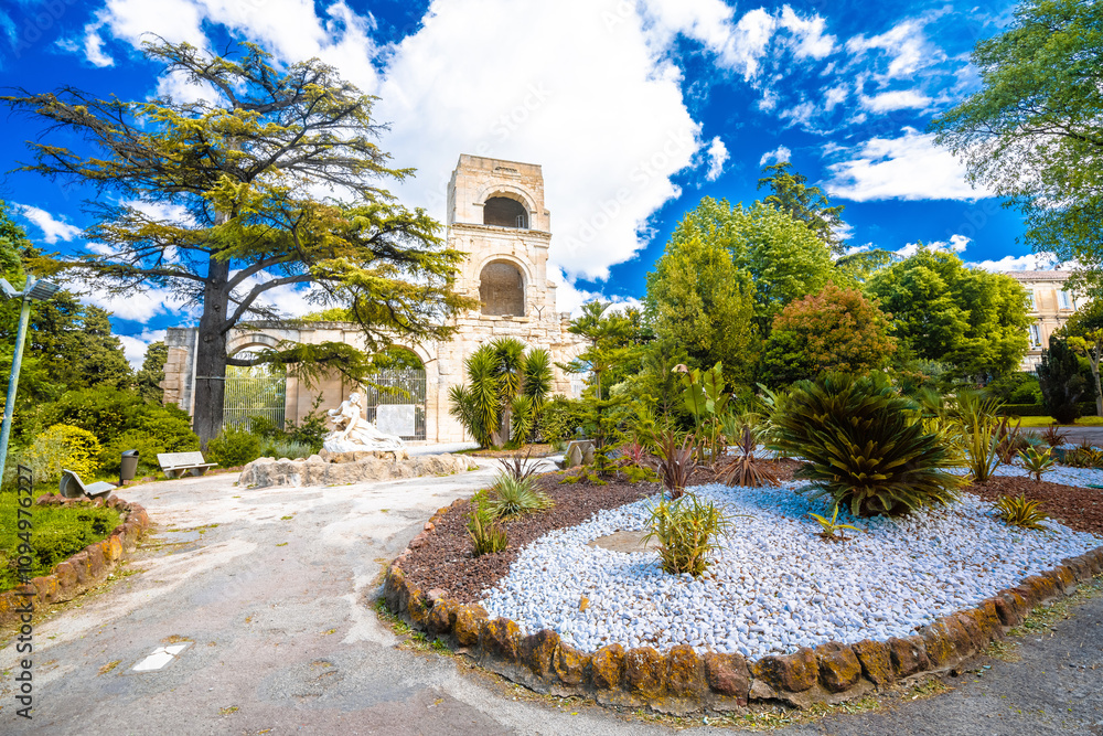 Arles park and antique theater ancient architecture view