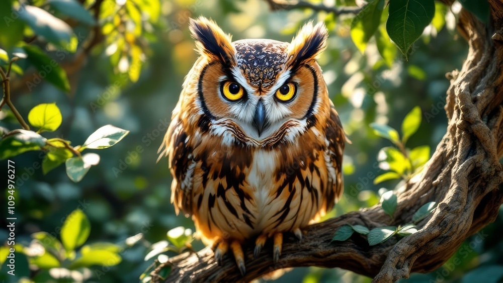 A brown owl, poised in a forest canopy, seen from above.
