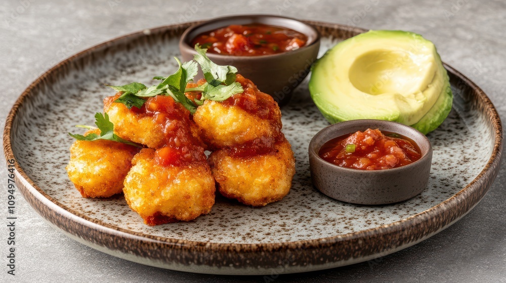 Crispy Savory Bites with Tangy Salsa and Fresh Avocado on a Rustic Plate, Perfect for Appetizers or Side Dishes in Culinary Photography Crispy Savory Bites with Tangy Salsa and Fresh Avocado on a Rustic Plate, Perfect for Appetizers or Side Dishes in Culinary Photography