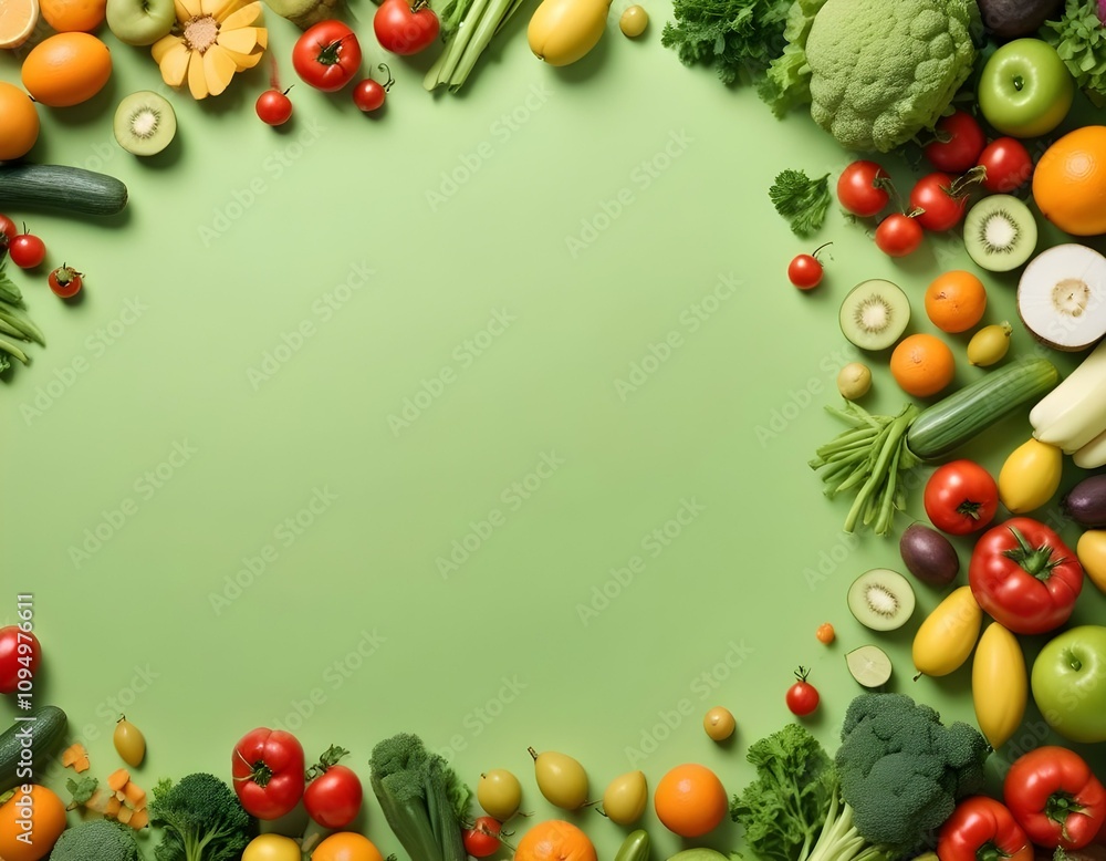 The template for designing with front angle on light green background. Fresh vegetables and fruits scattered placed on counter, empty space for product advertising and placement The template for designing with front angle on light green background. Fresh vegetables and fruits scattered placed on counter, empty space for product advertising and placement