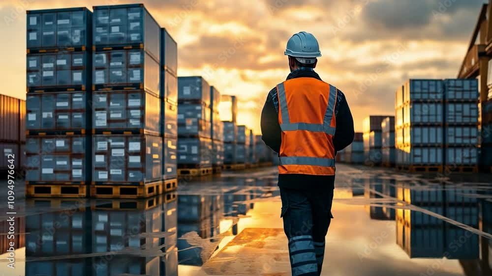 A skilled logistician in a freight facility wearing a construction helmet and vest. A skilled logistician in a freight facility wearing a construction helmet and vest.