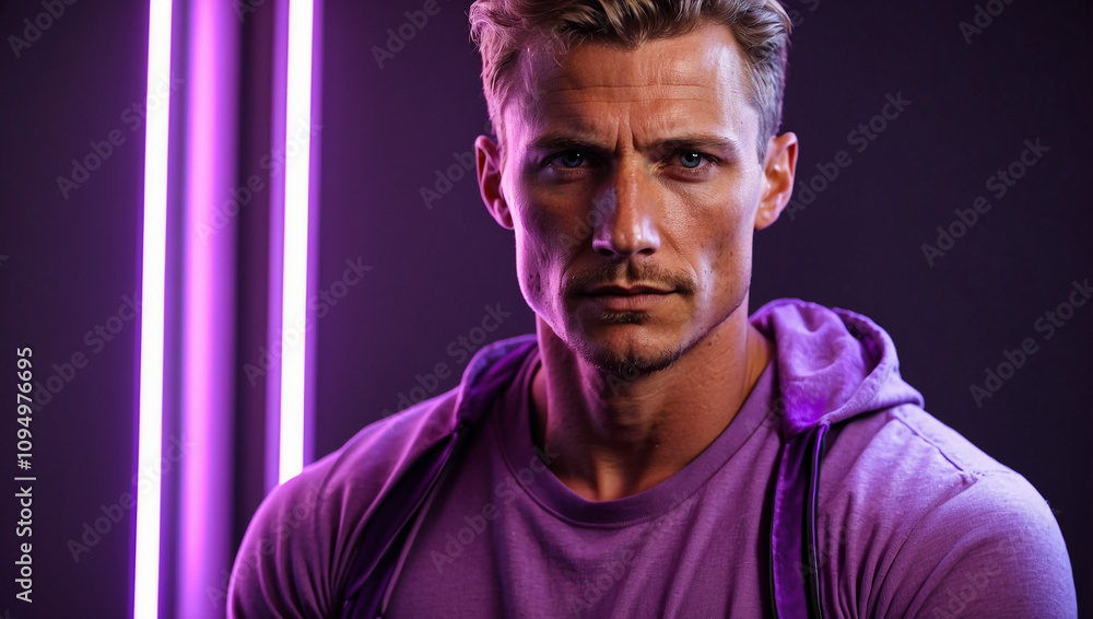 Athletic German Man with Purple-Edged Light Athletic German Man with Purple-Edged Light