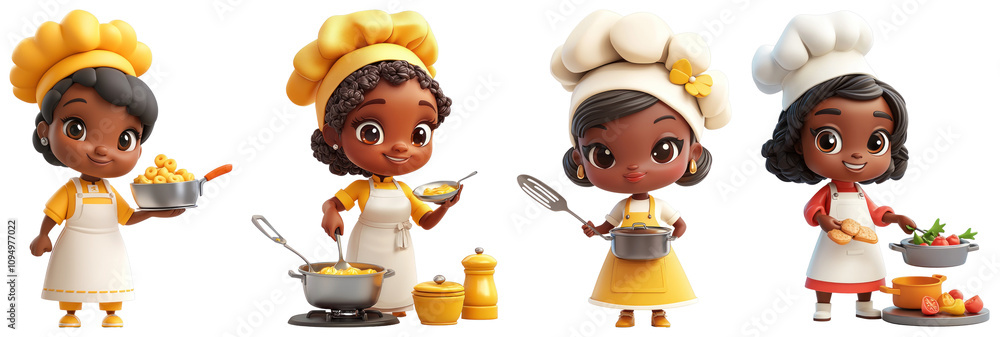Obraz premium A 3D middle-aged African female character cooking icon shown on a transparent background, representing warmth and care, suitable for food or culinary visuals.