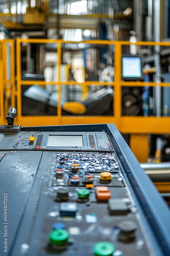 Fototapeta premium Industrial control panel, buttons, screen, messy workspace.