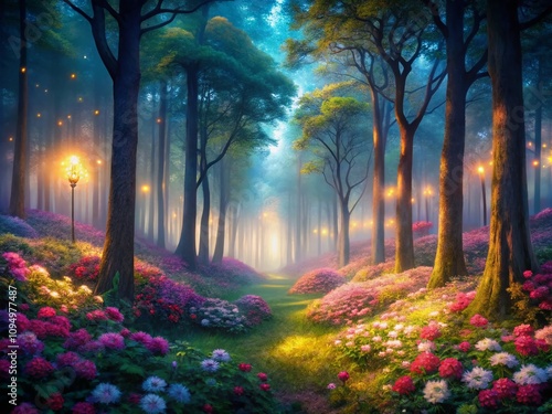 Enchanted Night in a Misty Forest with Glowing Flowers and Towering Trees Illuminated by Soft Light Filtering Through the Canopy