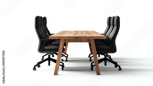 Wooden conference table with black chairs, white isolate background.