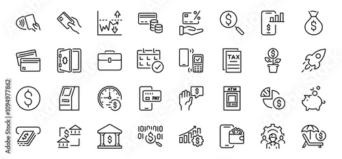 Finance line web icons Money and Coins. Cash, Credit Cards, Money Bag, Containing banking, Investment, income, accounting, money, loan. Editable stroke.