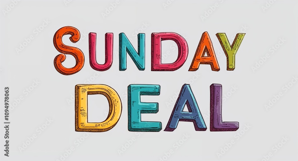 Sunday deal artistic colorful style lettering on plain white background Sunday deal artistic colorful style lettering on plain white background