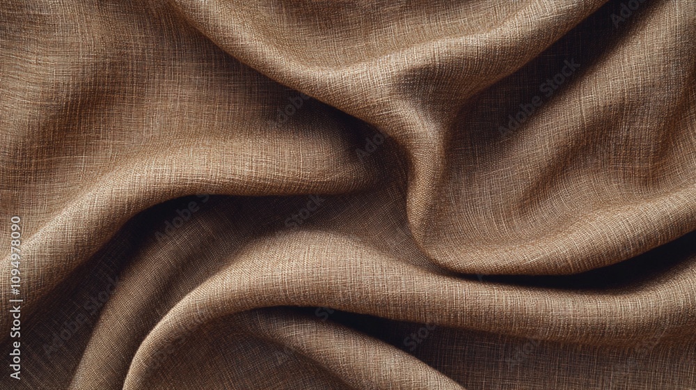 Elegant folds of luxurious brown linen fabric create a sensual interplay of light and shadow, showcasing the material's natural texture and drape. Elegant folds of luxurious brown linen fabric create a sensual interplay of light and shadow, showcasing the material's natural texture and drape.