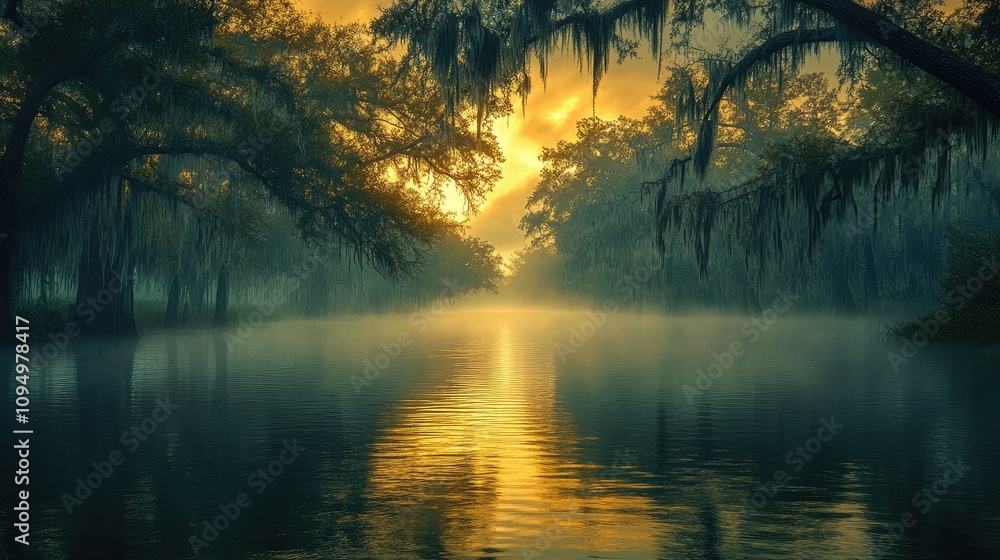 Serene sunset over a misty river, surrounded by trees draped in Spanish moss. Serene sunset over a misty river, surrounded by trees draped in Spanish moss.