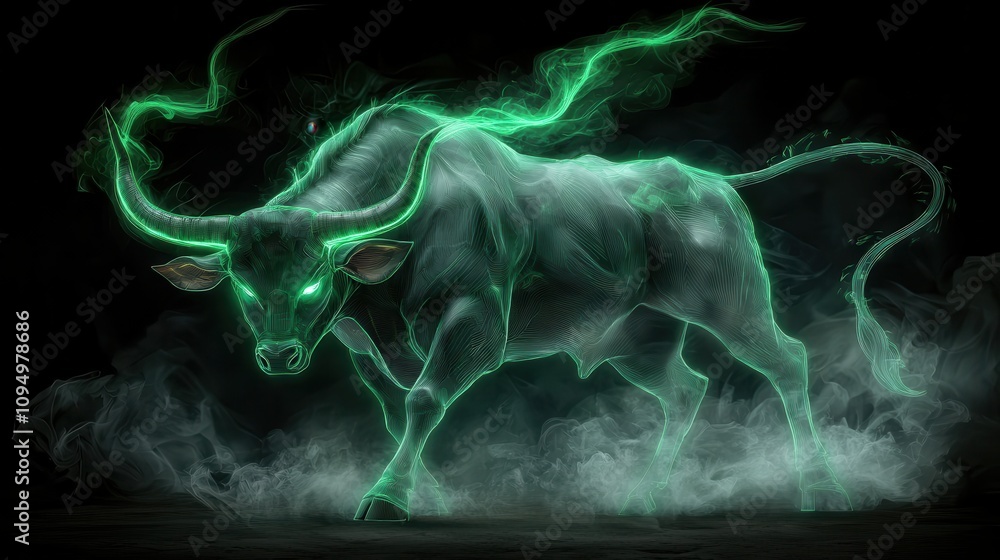 Futuristic digital bull with green neon lines digital art creation virtual environment conceptual design stunning visuals for modern aesthetics Futuristic digital bull with green neon lines digital art creation virtual environment conceptual design stunning visuals for modern aesthetics