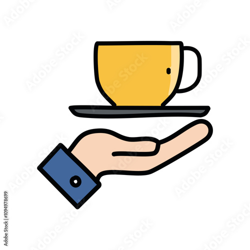 Coffee cup and hand vector illustration, filled line design icon