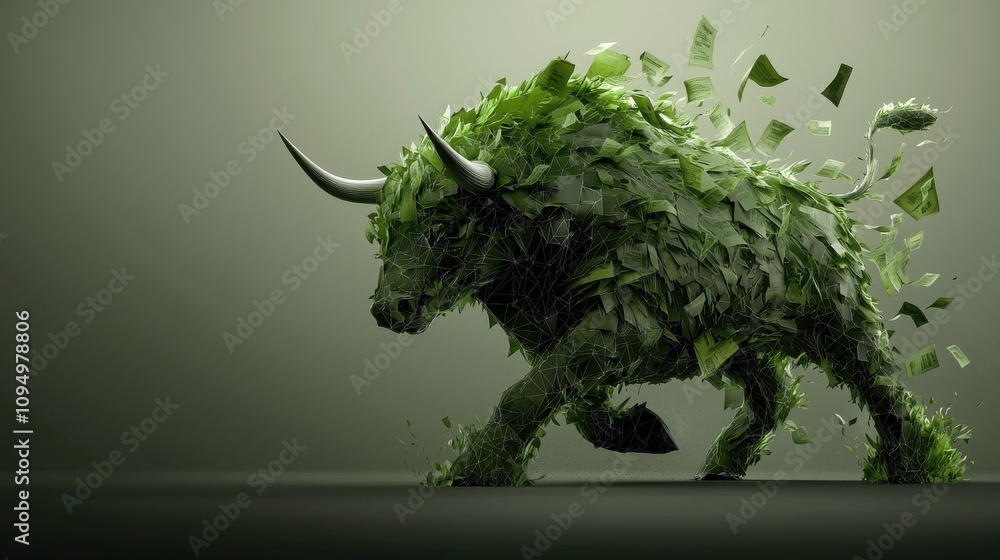 Futuristic greenlit bull icon representing financial data trends digital art abstract environment dynamic perspective investment concept for seo impact