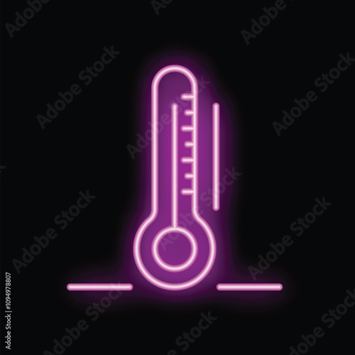 Neon purple thermometer is glowing on a black background, indicating rising temperatures