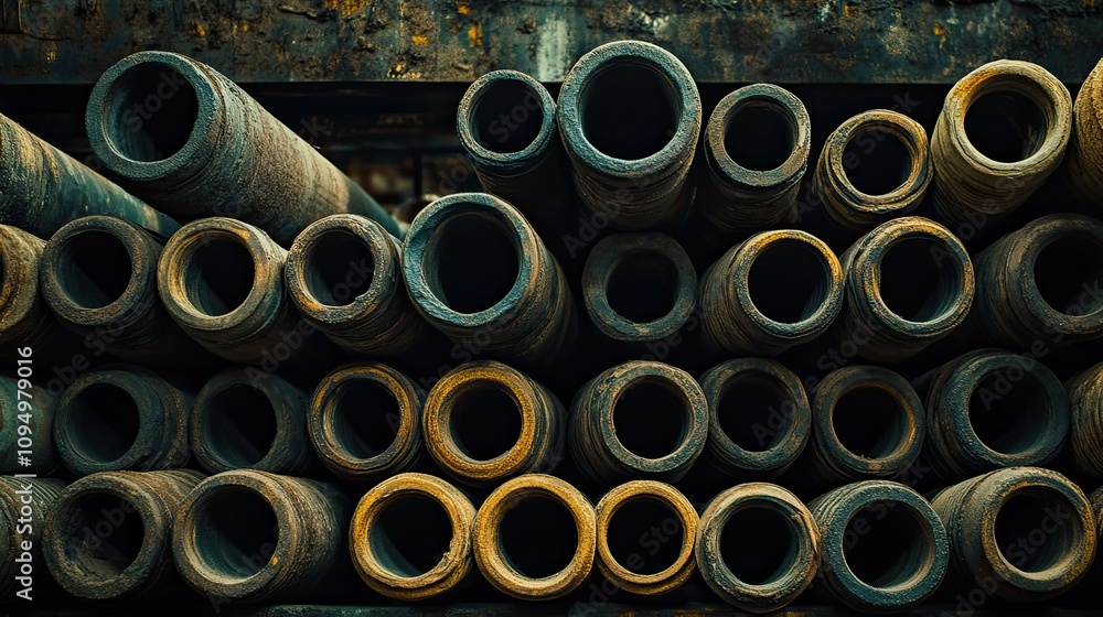 Industrial Piping Arrangement: Close-Up View of Various Pipes in a Stockyard Showcasing Textures, Colors, and Wear from Usage Over Time in an Urban Setting Industrial Piping Arrangement: Close-Up View of Various Pipes in a Stockyard Showcasing Textures, Colors, and Wear from Usage Over Time in an Urban Setting