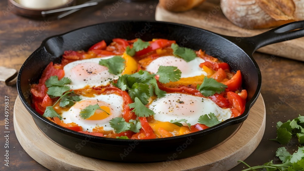 Savory shakshuka with poached eggs, tomatoes, and bell peppers in cast iron skillet, garnished with cilantro on wooden table Savory shakshuka with poached eggs, tomatoes, and bell peppers in cast iron skillet, garnished with cilantro on wooden table