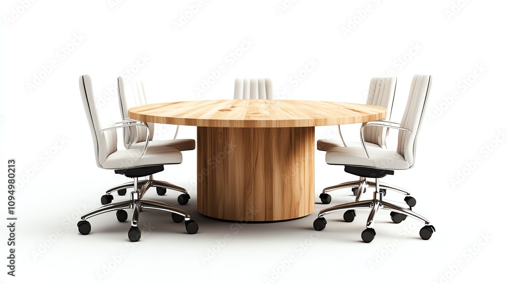 Modern round table with white chairs, elegant office setting, isolated background. Modern round table with white chairs, elegant office setting, isolated background.