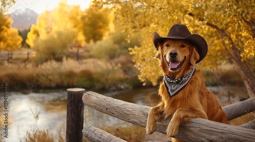 A golden retriever dog wearing a cowboy hat and bandana sitting peacefully beside a wooden fence in a picturesque western style ranch landscape with autumn foliage