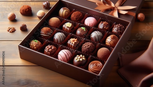  An open box of assorted chocolates on a wooden table with a brown cloth napkin. Concept: Variety, gift, classic chocolate assortment.