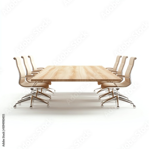 Modern wooden conference table with stylish chairs, white isolate background