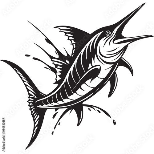 A Black marlin fish leaping gracefully out of the water against an isolated white background