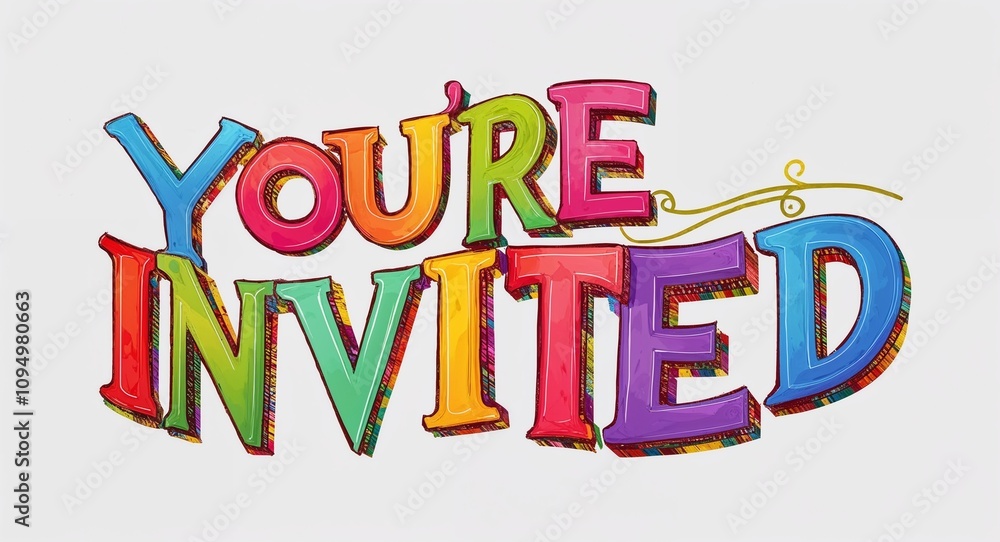youre invited artistic colorful style lettering on plain white background
